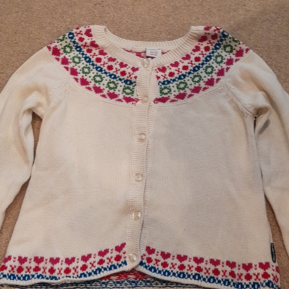 Cream Fair Isle Yoke Button-Front Sweater Cardigan Girls 8-10, Polarn O Pyret